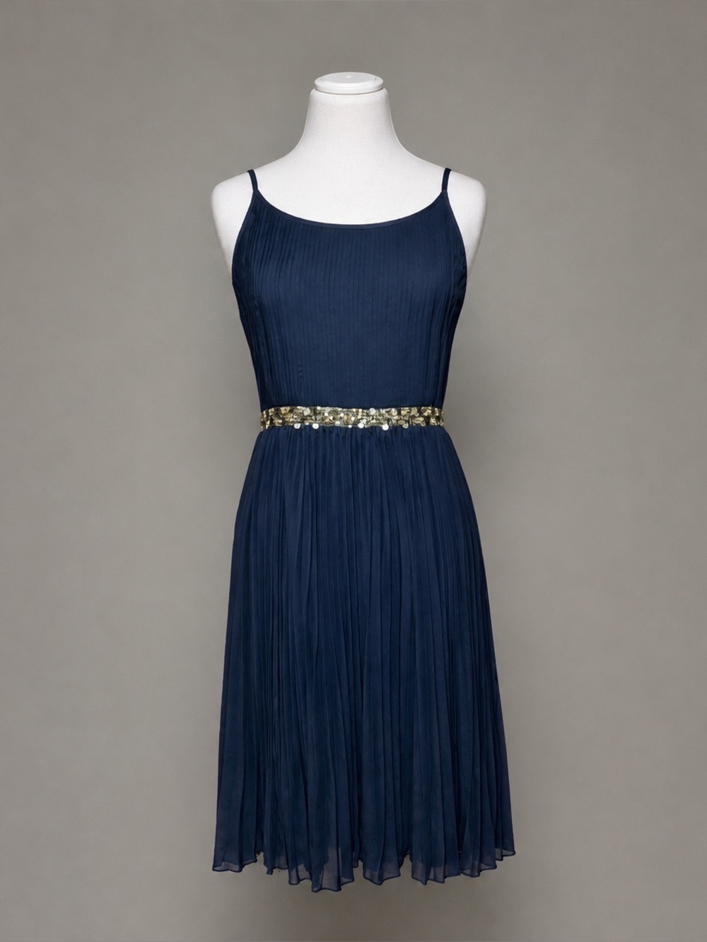 Tocca Dress Size 4 Black Pleated Midi Sequin Waist Crisscross Back